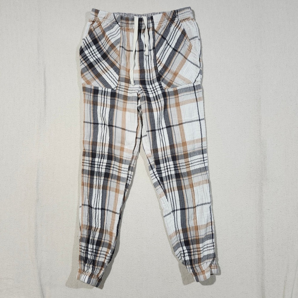 Aerie Checked Out Women Brown Plaid Gauze Jogger Pants Elastic Waist Small P